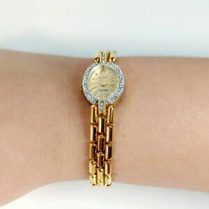 Vintage Gruen Women's Gold-Tone Quartz Watch With Rhinestone Bezel
